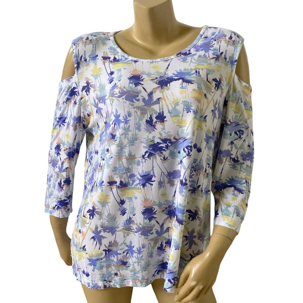 PALM GROVE Womens Size Large Tropical Palm Tree 3/4 Sleeve Cold Shoulder Shirt